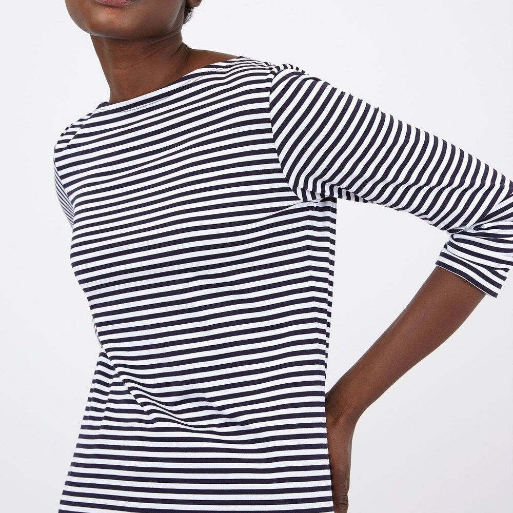 Tory Burch Breton Striped Boat Neck Top with 3/4 Sleeves & Gold Buttons